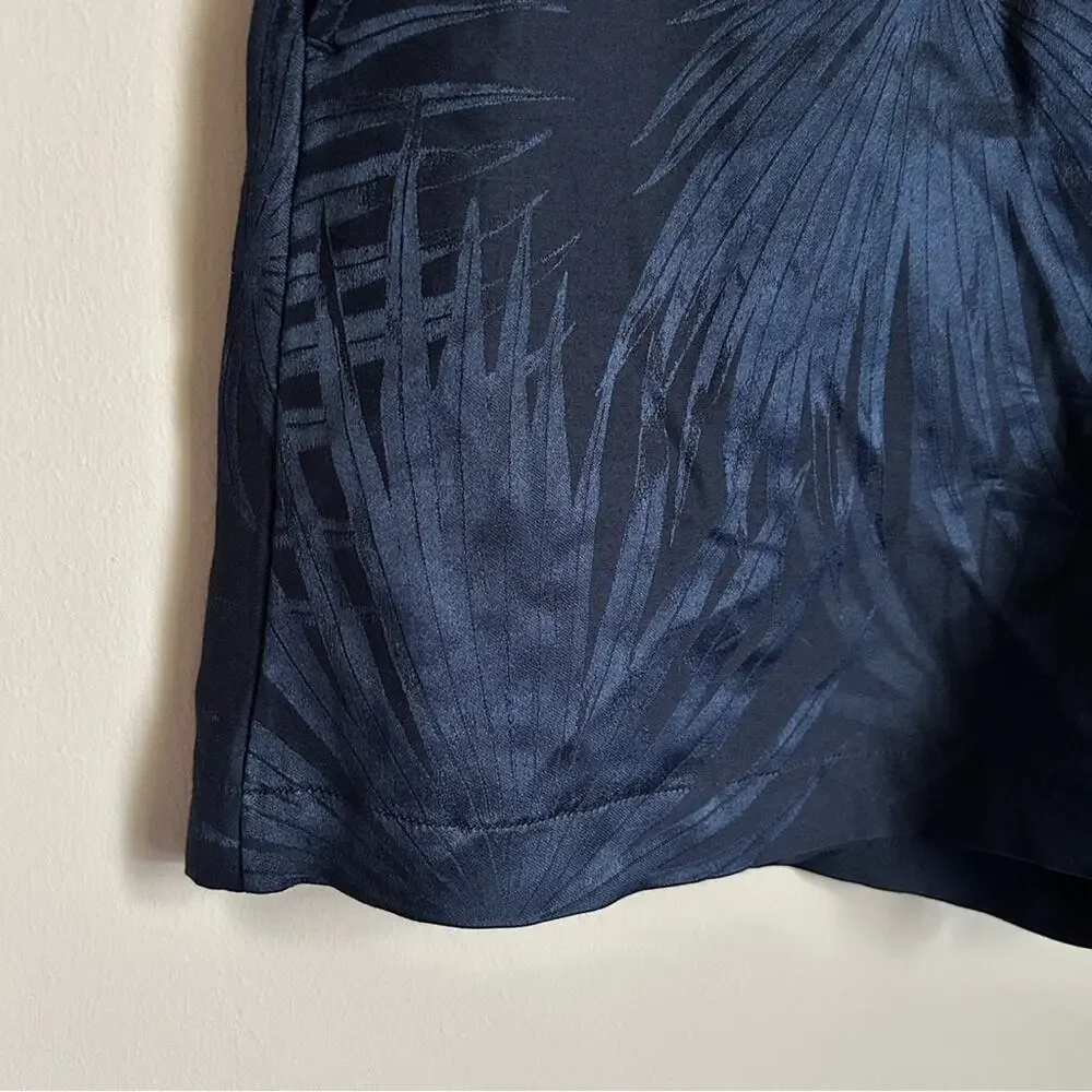 COS Navy Blue Palm Leaf Pattern High Waist Silk Blend 3 Inch Inseam Shorts XS